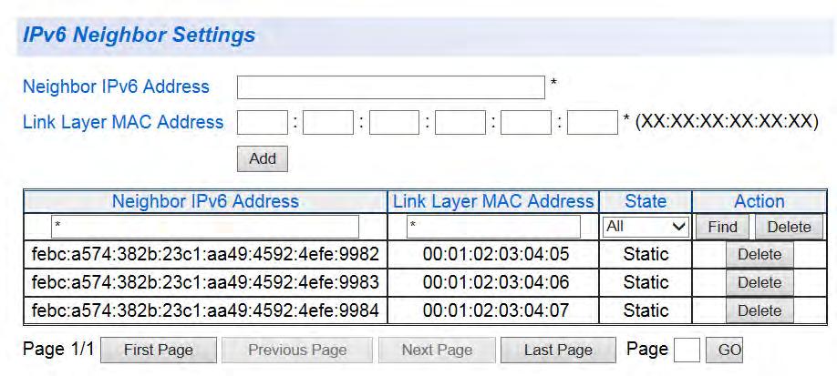 AT-GS950/8 Web Interface User Guide Figure 9. IPv6 Neighbor Settings Page with Addresses 6.