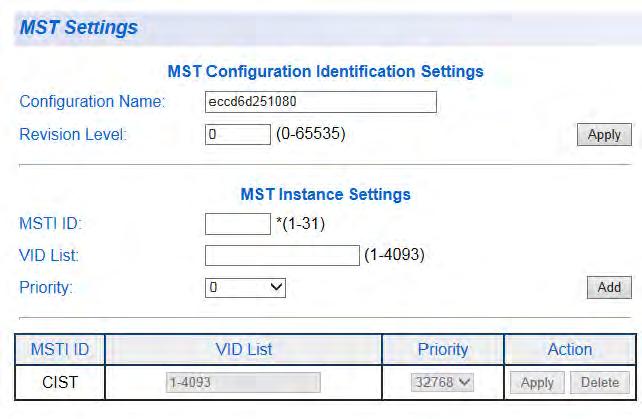 Chapter 5: Multiple Spanning Tree Protocol MST Settings You can create, modify and delete MST instance settings with the procedures in the following sections: Open MST Settings Page Specify Region