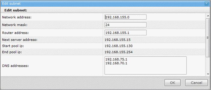 Select a network interface and click the 'Edit' button The 'Edit subnet' window will open and you can make all changes except for 'Next server address', 'Start pool ip' and 'End pool ip' addresses.