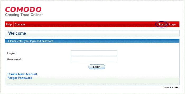 Clicking the link will open the Comodo Account Management web interface.