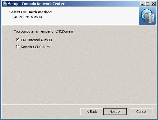 You can select whether to start a 'regular' installation process selecting 'Domain: CNC Auth' radio button or 'CNC internal AuthDB' radio button.