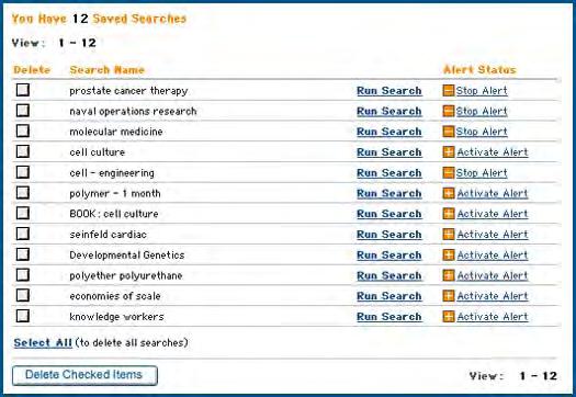 Section 3: MY PROFILE 3.5 Saved Items (Titles, Articles, Searches - continued) Saved Searches This page allows you to retrieve and run detailed search queries that you have saved.