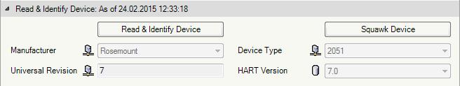 If the connected device supports HART 7 protocol an additional button may be displayed that can be used for identifying the device in the plant by a prompt in its