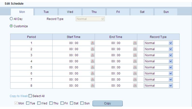 4. Choose the day in a week to configure scheduled recording. 5. Click Edit to edit record schedule.
