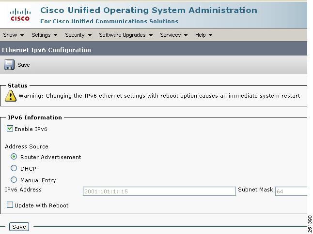Call Processing and Call Admission Control Define Unified CM Server IPv6 Addresses Figure 39: Configuring the Server Platform IPv6 Address in Cisco Unified Operating System Administration Define