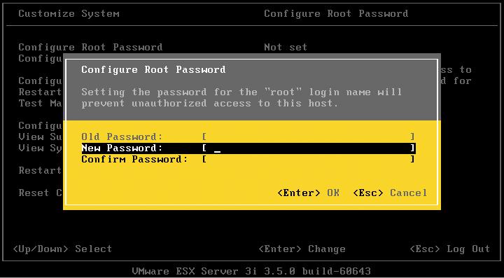 To create an administrative password 1 From the direct console, press F2. 2 Select Configure Root Password. 3 When prompted for the old password, press Enter. 4 Enter a new password and press Enter.