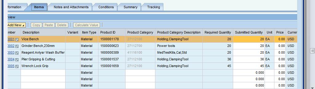 Add Bids to an RFx 9 10 9. The Items Tab opens and displays the line items list 10.