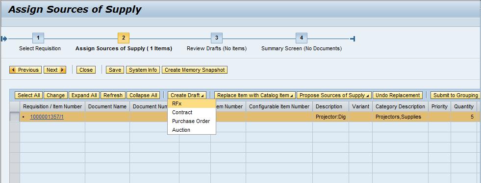 Create a Draft RFx To create the Draft RFx from the Assign Sources of Supply screen: 1.