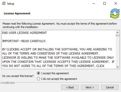 6. In the License Agreement screen, click the I accept the agreement radio button if you accept the license.