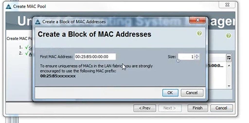 b. In the Create a Block of MAC Addresses page, enter the first MAC address in the pool and the number of MAC addresses to include in the pool. c. Click OK. d. Click Finish.
