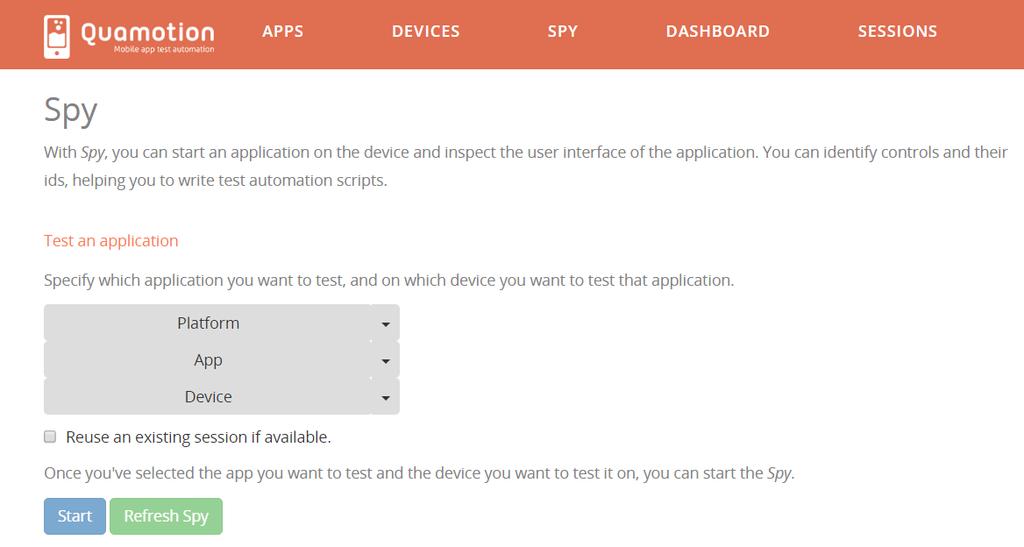 2. The Spy page allows you to launch an app on a device, and inspect the user interface of that app.