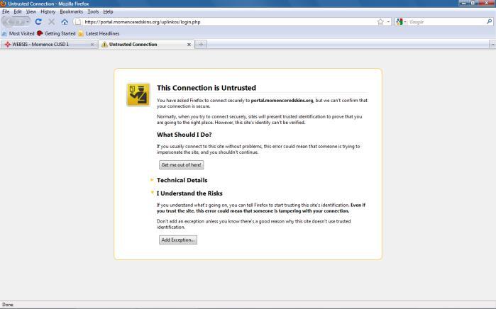click I understand the risks, add Exception, get certificate, and confirm security exception.
