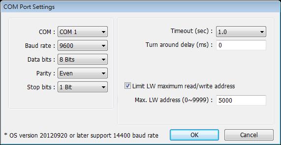 MODBUS Server [Station no.] is set to 1. Click [Settings], the maximum LW address range read / written by Modbus Client can be set.