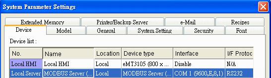 When finished, MODBUS Server is listed in [Device] tab. The configuration of MODBUS device is completed.