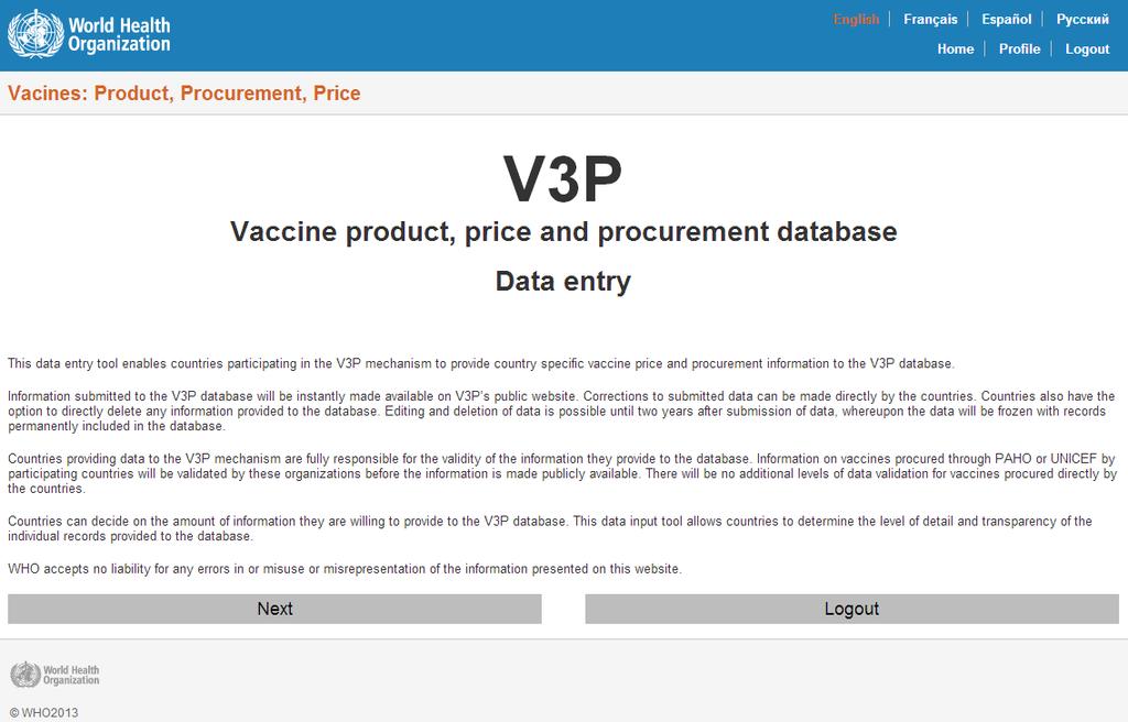 This brings you to the start page of the V3P data entry tool (see screenshot below).