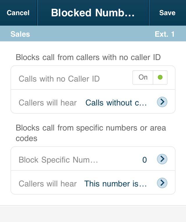 Blocked Numbers On the Department Greetings screen, you can select Blocked Numbers and block callers with no Caller ID, to block specific phone numbers or area codes, and to block calls coming from
