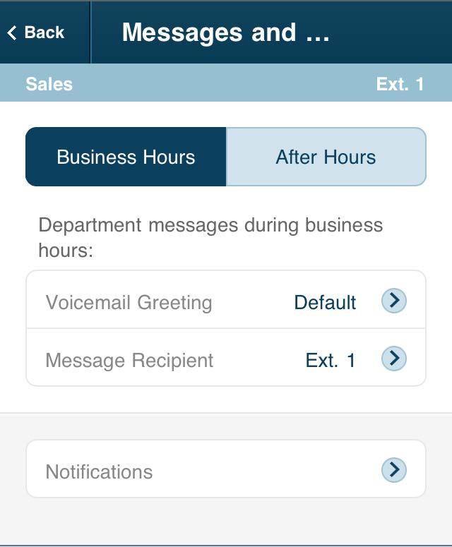 Messages and Notifications On this screen, manage voicemail greetings for business hours and after hours, decide who receives the voicemail messages, and setup notifications for received voicemails
