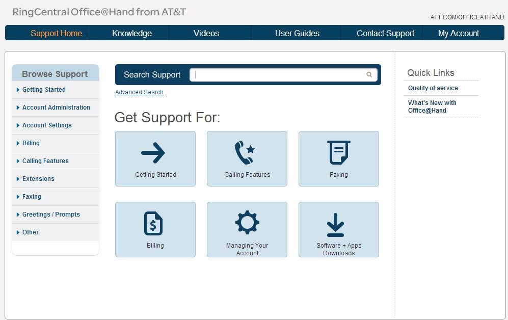RingCentral Office@Hand from AT&T Mobile App Department Manager Guide Support Home Page Office@Hand Support Home Page The Office@Hand Support Home page at http://support-officeathand.att.