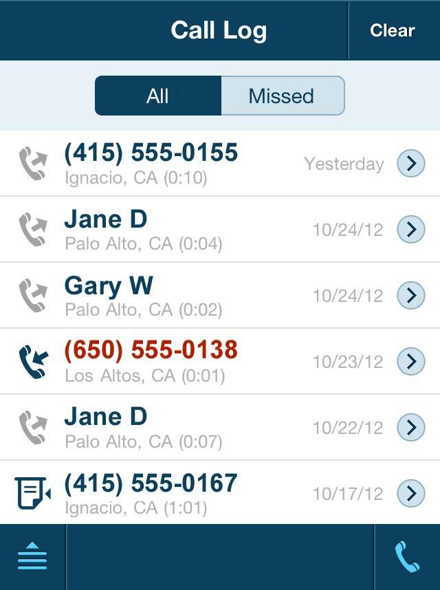 RingCentral Office@Hand from AT&T Mobile App Department Manager Guide Main Menu Call Log The Call Log maintains your Department call history, including calls you placed, received, and missed.