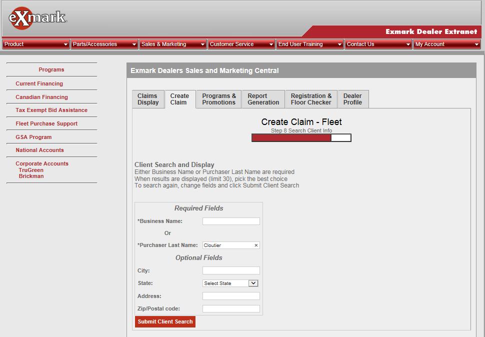 Entering/Searching Customer Information We are now ready for customer information to be attached to the fleet claim.