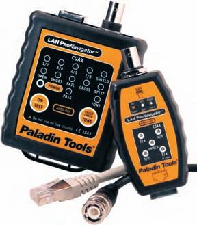 Features: One-button, simple testing (PASS/FAIL or fault find) Traces wires with tone & remote lights Quick fault analysis on coax & data cables CAT-5, CAT-5e or CAT-6* (UTP/STP) cable testing