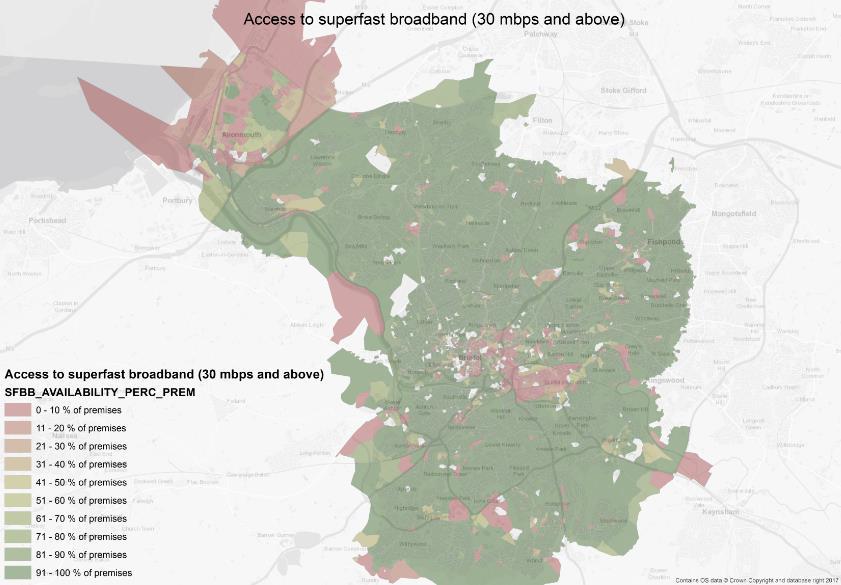 Connectivity in Bristol City has 93% availability of superfast broadband.