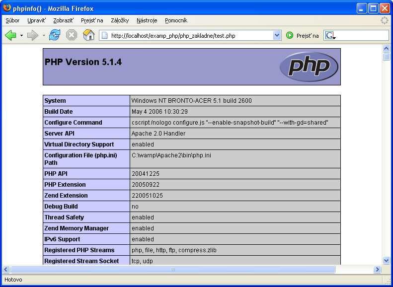 Informačné technológie server, tj. pomocou URL, ktoré začína na http. Pokiaľ je teda všetko v poriadku, mala by sa zobraziť stránka, ktorá obsahuje informácie o používanej verzii systému PHP. Obr.