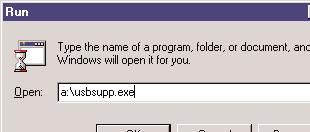 3. From the start menu, select Run. 4. Type in a:\usbsupp.exe (where a: is the floppy drive) as shown in Figure 3-1. Figure 3-1. Run screen.