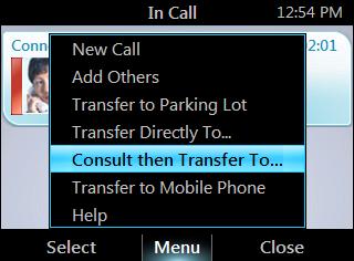 From the In Call screen, press Menu, and then select Transfer Directly To. 2. Enter a phone number or select a contact, and then press Call.