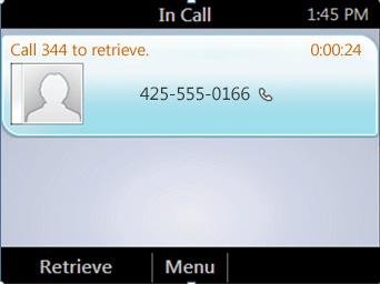 From the In Call screen, press Menu, and then select Transfer to Parking Lot. The call is placed on hold.