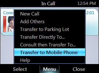ENGLISH HP 4120 IP Phone User Guide Join a Meeting from the Calendar Transfer a call to a mobile phone From the In Call screen, press Menu, and then select Transfer to Mobile Phone.