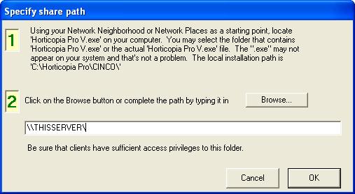 The Configure Network Clients wizard searches for a shared folder, Horticopia, on the host system (the system that the wizard is running on). This folder would normally be called \\Server\Horticopia.