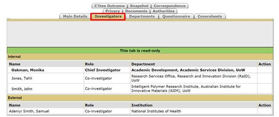 c) Department This tab displays information about the internal departments that are involved in the research project. Only information for internal departments is displayed.