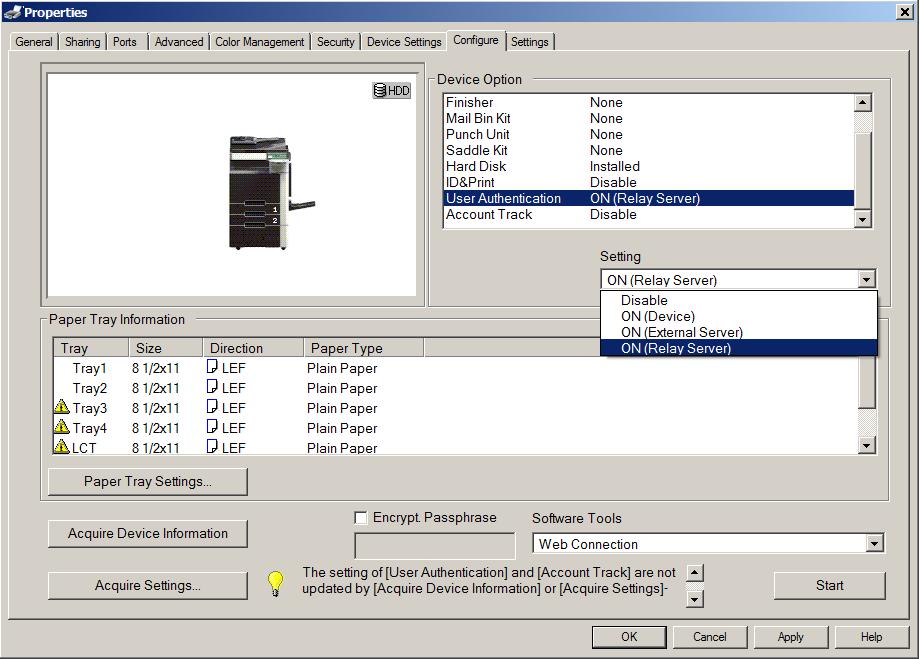 Print Tracking From the MFP When tracking print jobs from the MFP via a user workstation, you must configure the physical device and its print drivers to accept only authenticated print jobs.