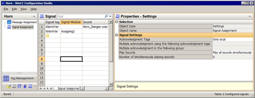 Horn 3.6 How to Configure the Acknowledgment Behavior of the Audio Alarm Procedure 1. Click the "Signal Assignment" option in the navigation area of the horn.
