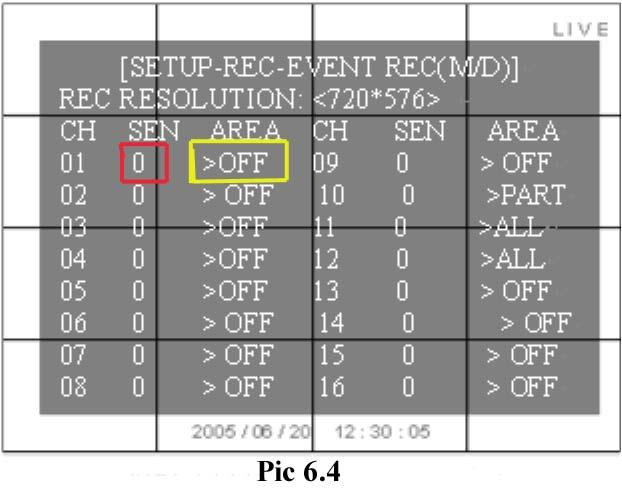Use the direction keys to select REC (red box in Pic 6.1) and hit ENTER, This will display the screen in Pic 6.2. Select the EVENT REC option (blue box), and hit ENTER.