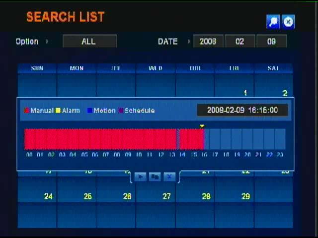 11. Searching and Playback If search button is pressed for playback, all the search list with on calendar style as below figure will be appeared.