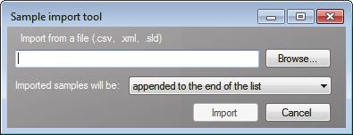 Click Browse and select a.csv,.xml, or.sld file that contains the sample definitions to import. Note The.csv,.xml, or.sld file format must match the TraceFinder file format. 3.