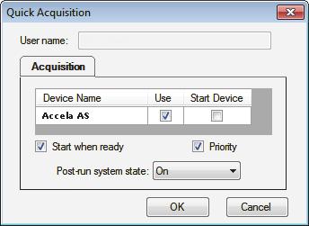 The Quick Acquisition dialog box opens. 2. Select an instrument method. 3. Type a name for the raw data file that you acquire. 4.