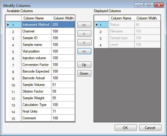 Column Display The sample list can contain many columns of information. You can customize which columns to display and the display order. To customize the column display 1.