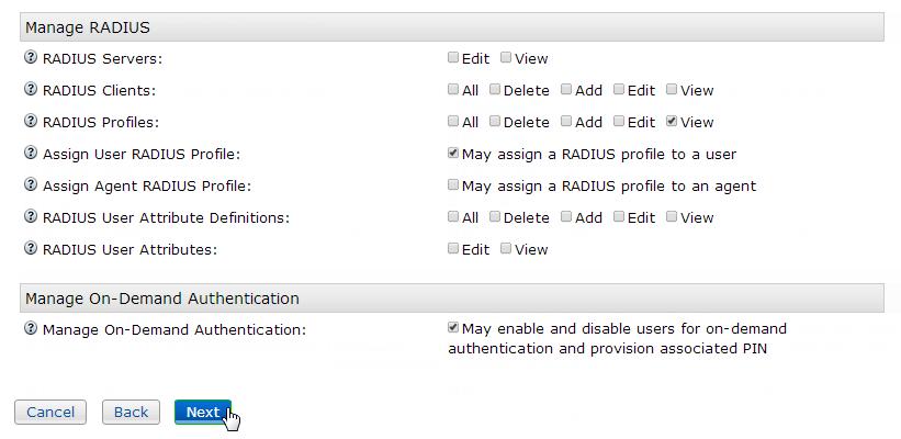 21. Select the RADIUS Profiles field s View checkbox and the Assign User RADIUS Profile field s May assign a RADIUS profile to a user checkbox in the Manage RADIUS section. 22.