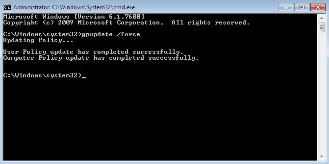 4. Run grpupdate /force from the command line to synchronize the domain