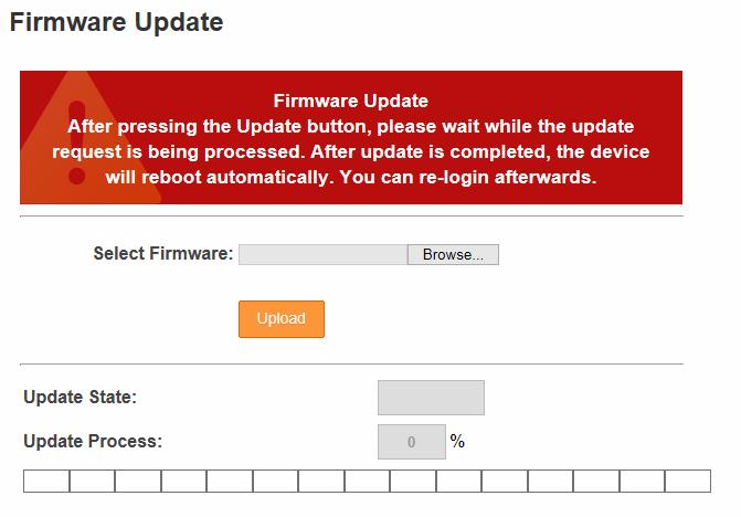 8 The Web Interface 8.1.2 Upgrading Firmware Follow the steps below to update the firmware of the controller. 1. In the left menu, click Firmware Update. This page appears.