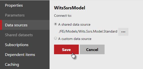 Figure 2-15: Data source window, click the SSRS model Figure 2-16: Data sources tab, click Save 8.