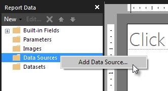 In the Report Data area, right-click on the Data Sources folder and select Add Data Source. Figure 4-5: Right-click the Data Source folder and select Add Data Source 8.