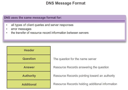 10.2.2.2 DNS Message Format The DNS server stores different types of resource records used to resolve names. These records contain the name, address, and type of record.