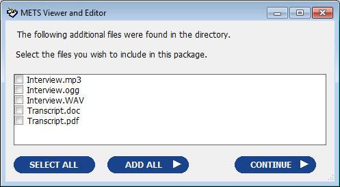 Figure 4: Existing Files Found Dialog After selecting the folder and agreeing or declining to add the files, the METS application automatically opens the default metadata editing template for a new