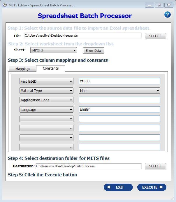 Figure 3: Spreadsheet Batch Processor Constants If you do not have any column mapped to Material Type, you will need to select a value from the drop down.