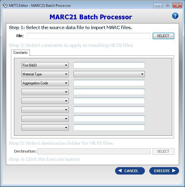 BATCH PROCESSING FROM A MARC21 DATA FILE OVERVIEW Batch processing allows the data from a MARC21 export report file to create METS files.