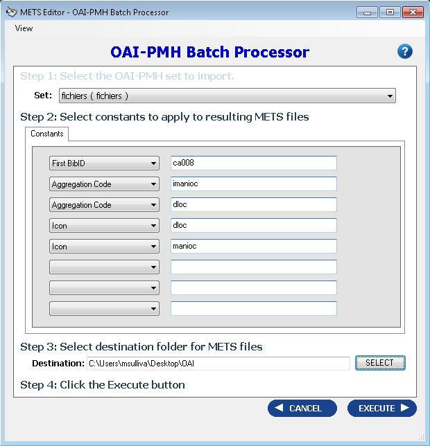 Figure 3: OAI-PMH Import Form This form allows you to select the set for which you would like to create METS files.